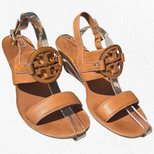 Tory Burch Tan Leather Miller Wedge Sandals Logo Slingback Heels Size 10.5M